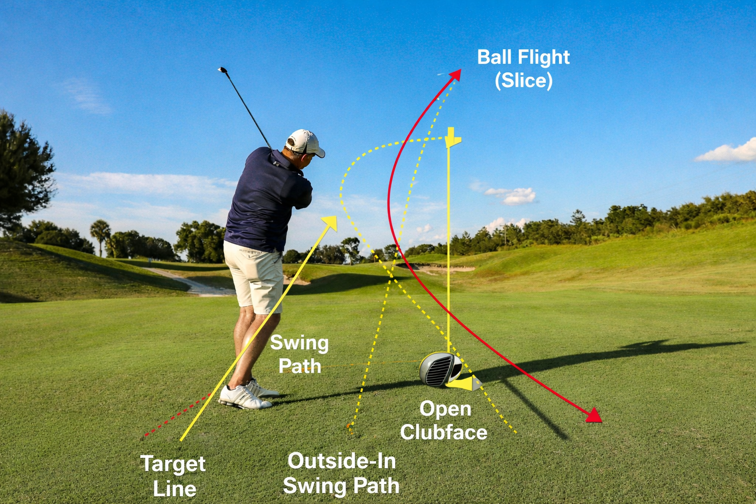 Golfer hitting a shot with diagram showing slice ball flight, outside-in swing path, open clubface, and target line