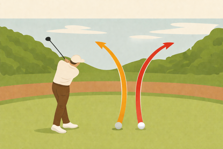 Golfer on left with two ball flight paths on the right showing a left-curving hook and right-curving slice trajectory