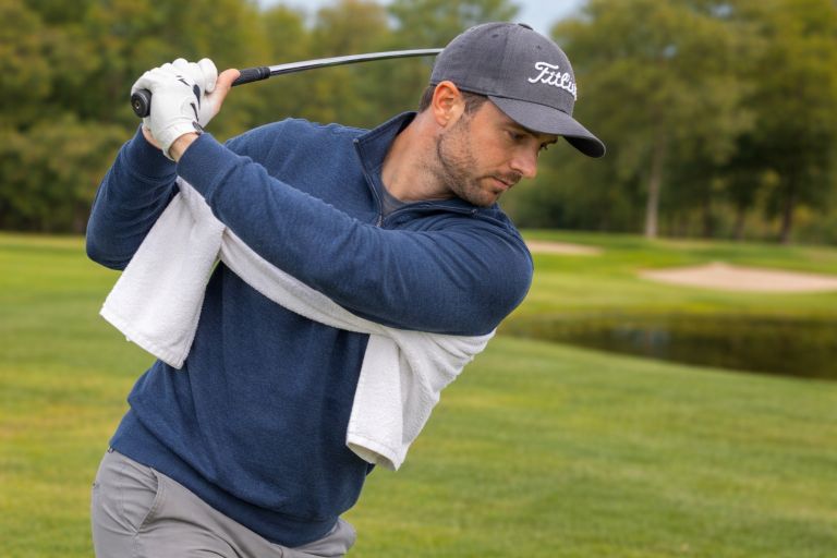 Golfer practising towel drill with towel under arms during backswing on a golf course to improve swing path and connection